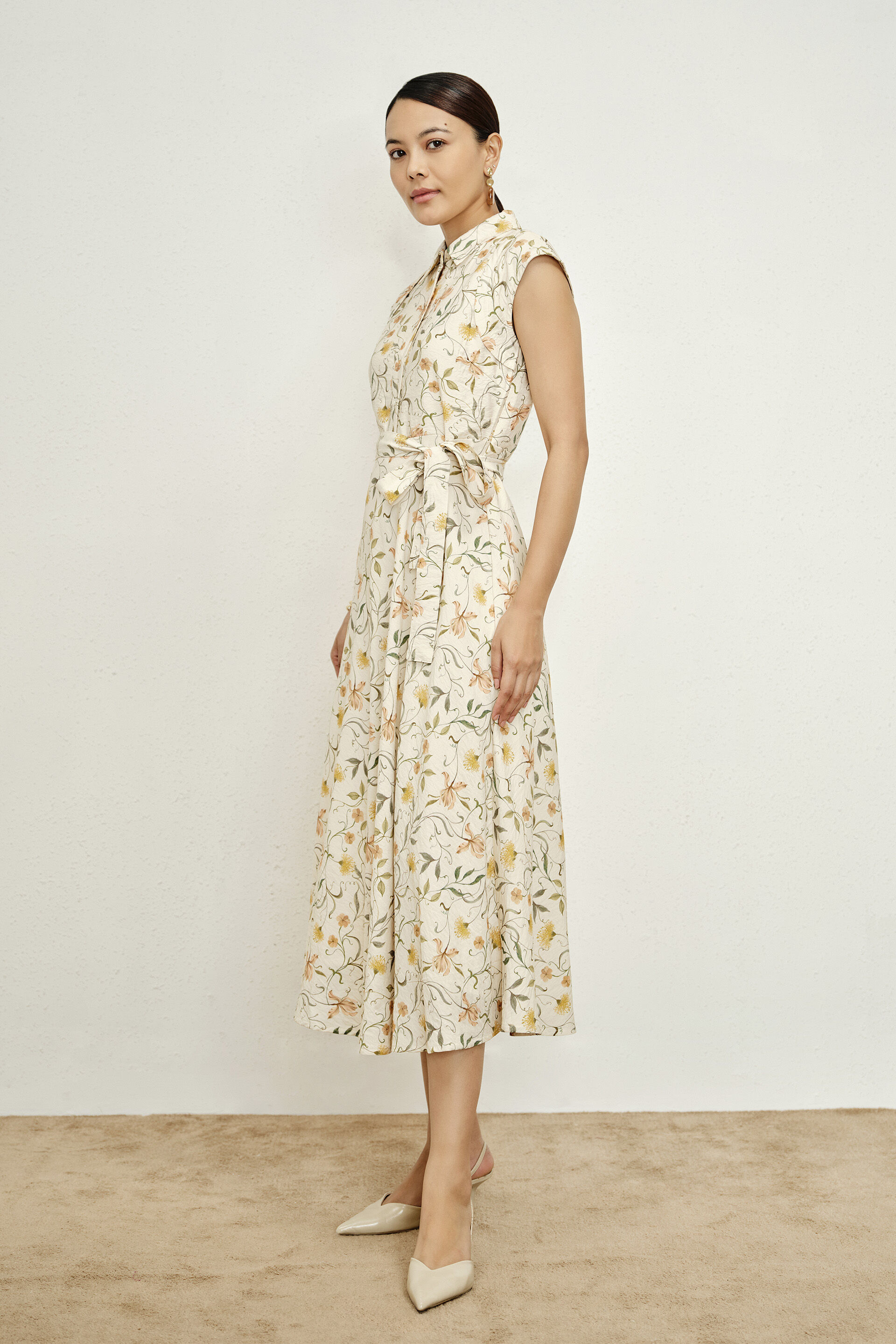 April Collared Cream Dress, Green, image 2